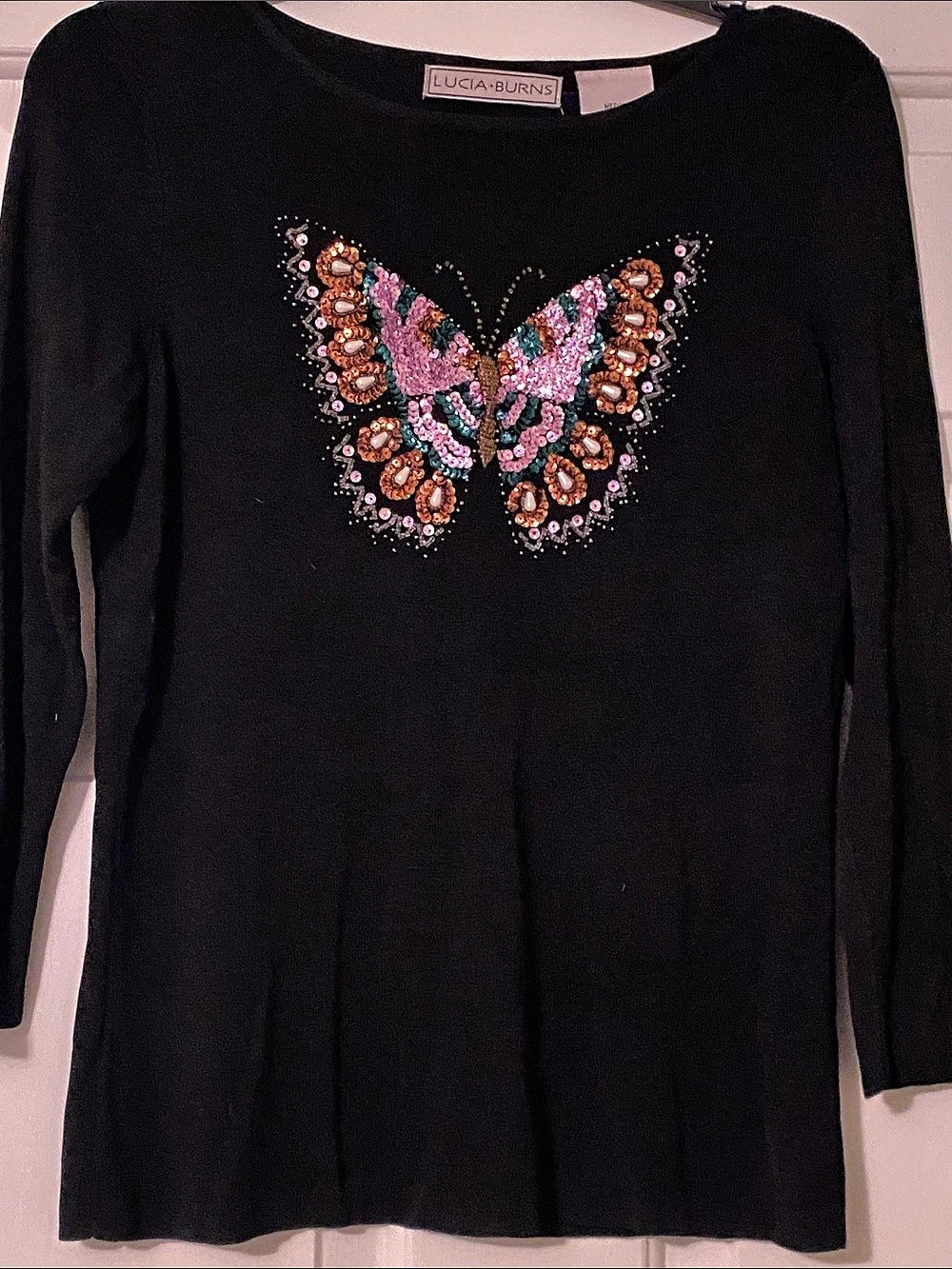 Lucia Burns Vintage Beaded Sequin Butterfly Knit Top Black Medium